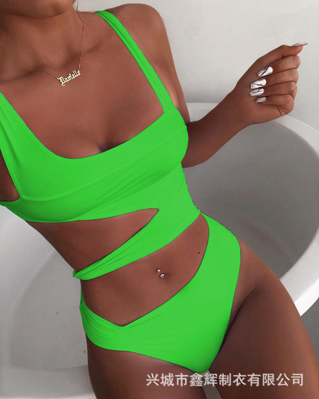 European and American solid color one-piece swimsuit solid color one-piece bikini female hollow swimsuit