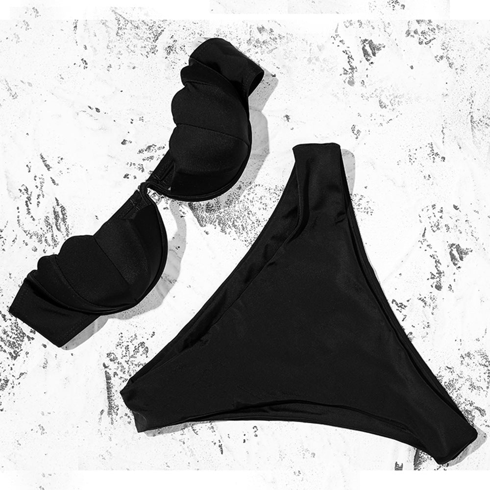 European and American new shell solid color tube top bikini steel plate hard bag sexy split swimsuit