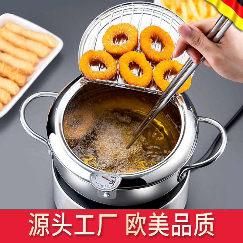 Japanese style tempura stainless steel frying pan kitchen temperature controllable flip cover with oil filter rack special frying pan