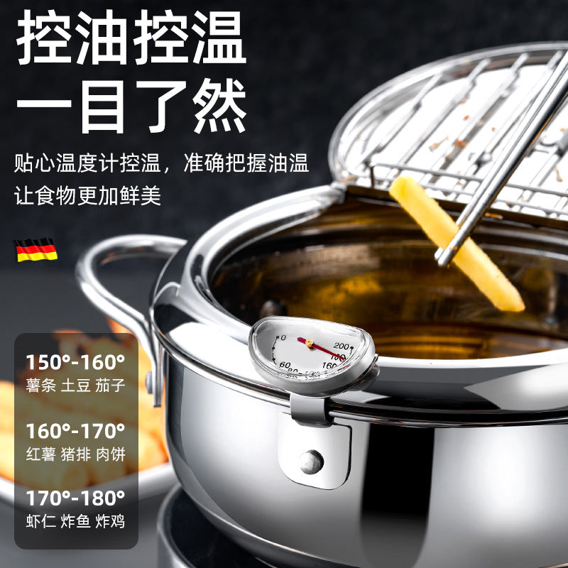 Japanese style tempura stainless steel frying pan kitchen temperature controllable flip cover with oil filter rack special frying pan