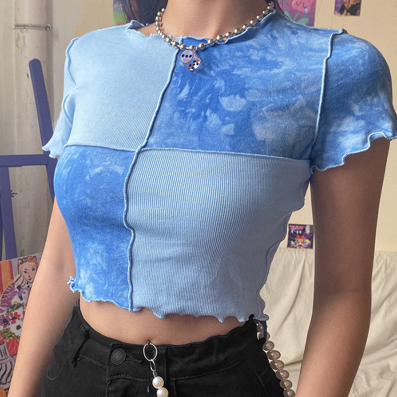 European and American style fashion stitching round neck exposed navel wooden ear T-shirt