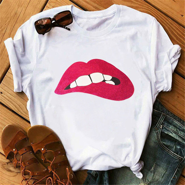 Europe and America Mouth Round Neck Print Short Sleeve T-Shirt