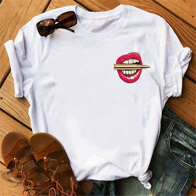 Europe and America Mouth Round Neck Print Short Sleeve T-Shirt