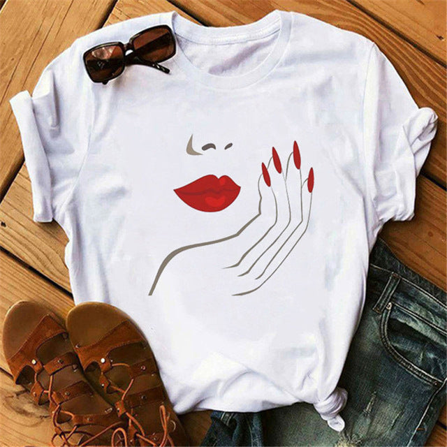 Europe and America Mouth Round Neck Print Short Sleeve T-Shirt