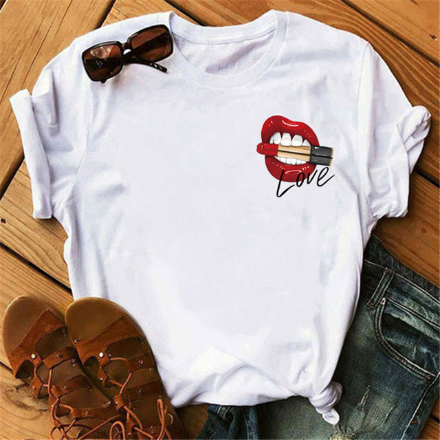 Europe and America Mouth Round Neck Print Short Sleeve T-Shirt