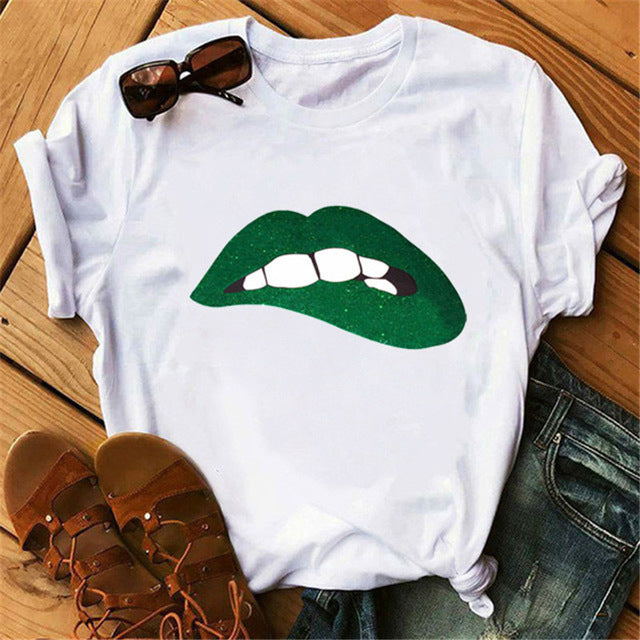 Europe and America Mouth Round Neck Print Short Sleeve T-Shirt