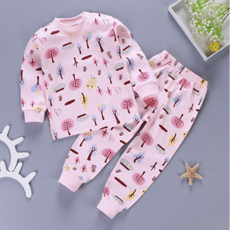 One generation children's underwear set, pure cotton men and women, middle and small children's home clothes, baby round neck shoulder buckle pajamas