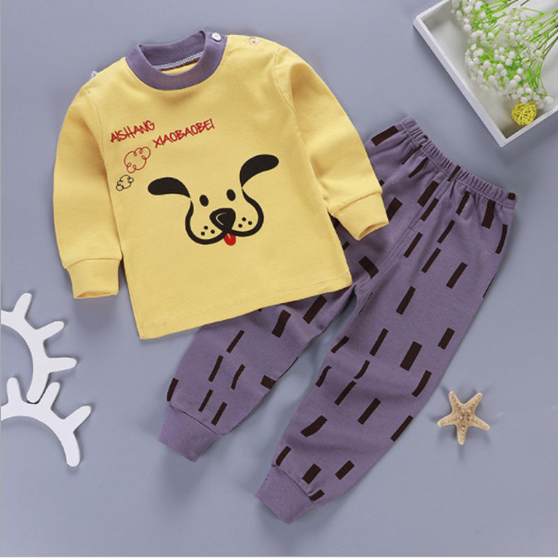 One generation children's underwear set, pure cotton men and women, middle and small children's home clothes, baby round neck shoulder buckle pajamas