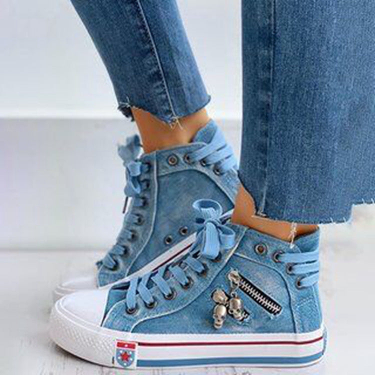 New denim high-top canvas shoes ladies casual shoes student cloth shoes flat sole shoes