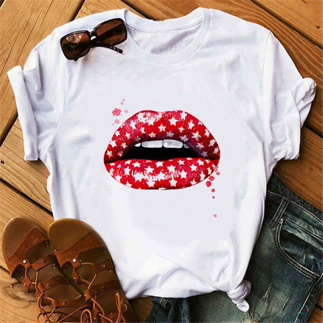 Europe and America Mouth Round Neck Print Short Sleeve T-Shirt