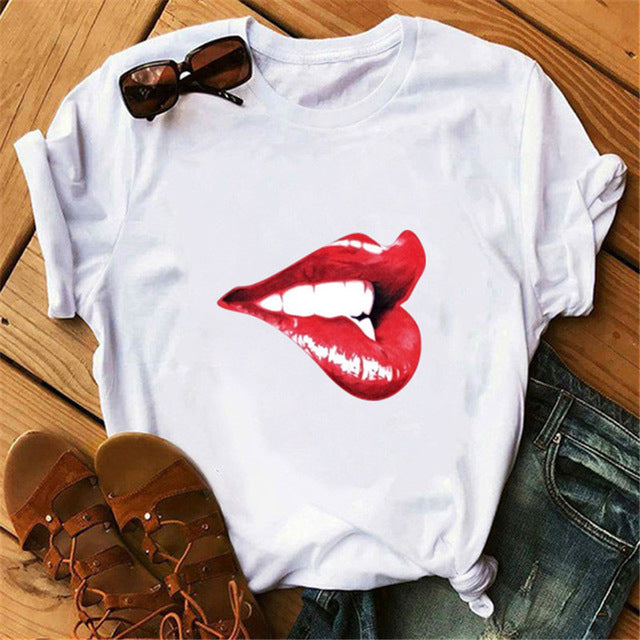 Europe and America Mouth Round Neck Print Short Sleeve T-Shirt