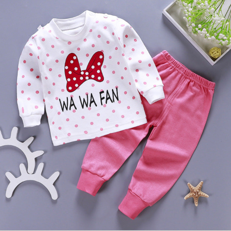 One generation children's underwear set, pure cotton men and women, middle and small children's home clothes, baby round neck shoulder buckle pajamas