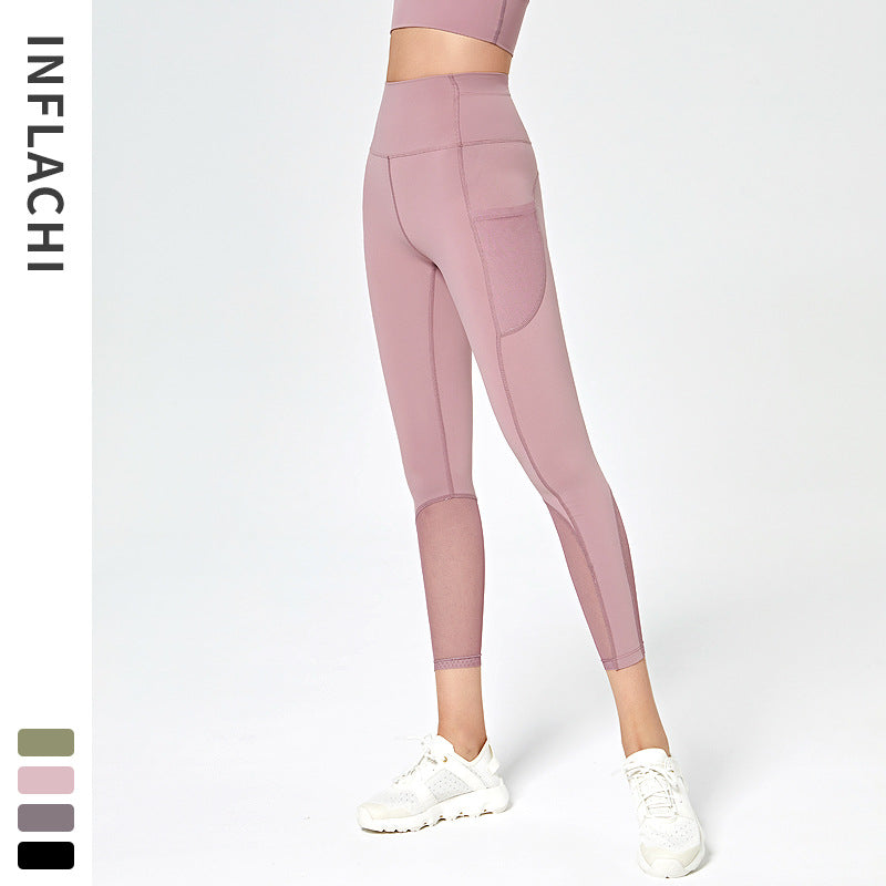 Nude yoga pants ladies peach hips high waist running tight stretch mesh breathable pocket sports fitness pants