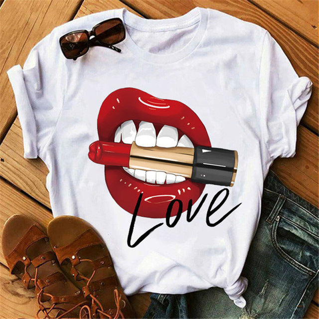 Europe and America Mouth Round Neck Print Short Sleeve T-Shirt