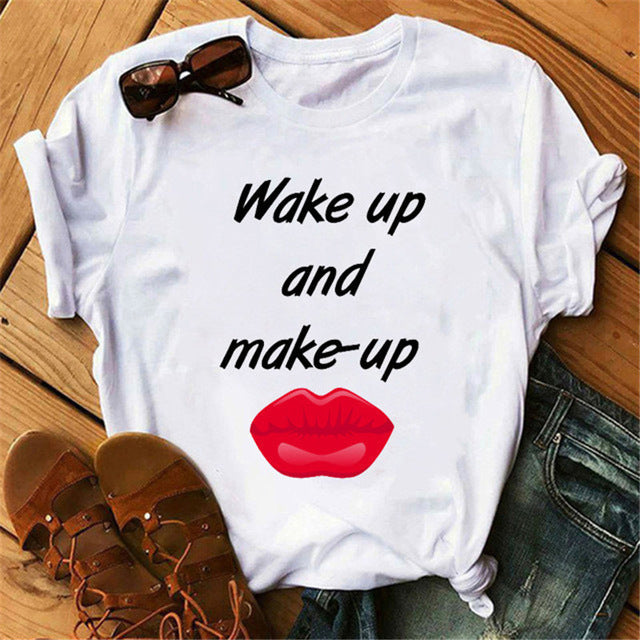 Europe and America Mouth Round Neck Print Short Sleeve T-Shirt