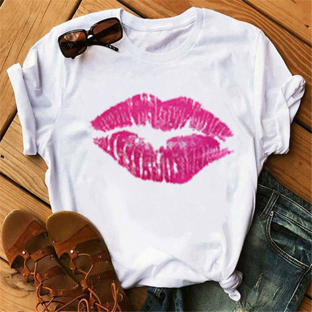 Europe and America Mouth Round Neck Print Short Sleeve T-Shirt