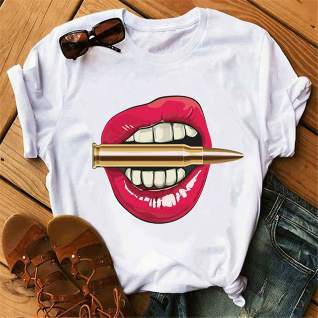 Europe and America Mouth Round Neck Print Short Sleeve T-Shirt