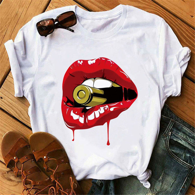 Europe and America Mouth Round Neck Print Short Sleeve T-Shirt