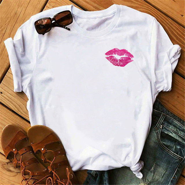 Europe and America Mouth Round Neck Print Short Sleeve T-Shirt