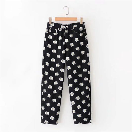 Fashion small daisy print casual pants high waist slimming long pants