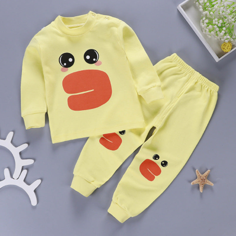 One generation children's underwear set, pure cotton men and women, middle and small children's home clothes, baby round neck shoulder buckle pajamas