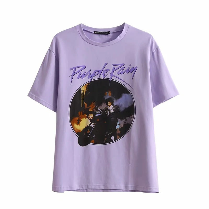 European and American Loose Small Round Neck Taro Purple Retro Print White Loose T-Shirt