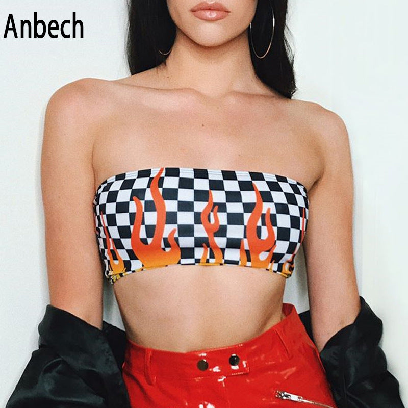 Sexy tube top hot style one-line collar plaid print all-match base wrap chest