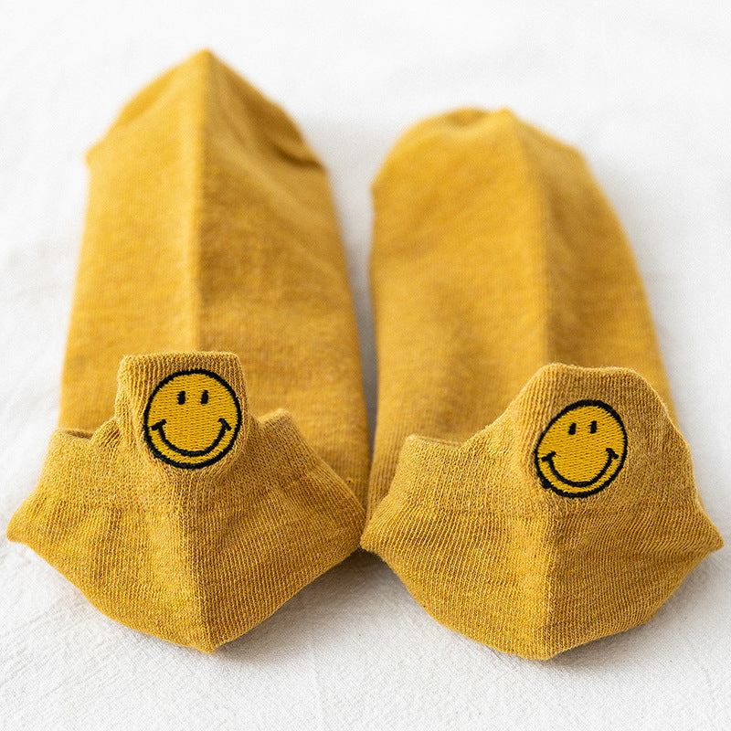 New Asakuchi Boat Socks Women's Pure Cotton Cartoon Embroidered Smiley Face Socks Cute Women's Socks Low Cut Boat Socks