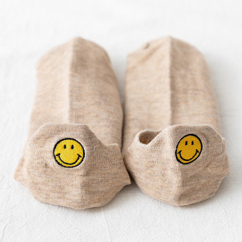 New Asakuchi Boat Socks Women's Pure Cotton Cartoon Embroidered Smiley Face Socks Cute Women's Socks Low Cut Boat Socks