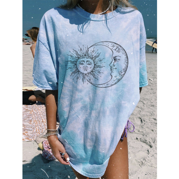 European and American cross-border new women's casual round neck short-sleeved printed tie-dye pullover women's T-shirt