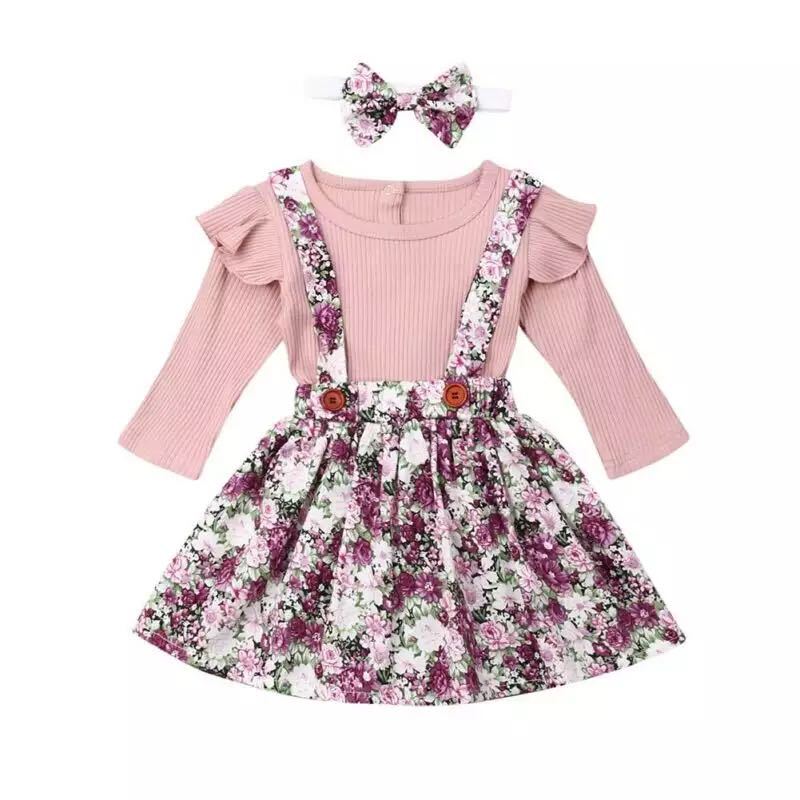 Autumn new girl suit pink pit strip blouse + floral suspender skirt + headscarf 3-piece suit