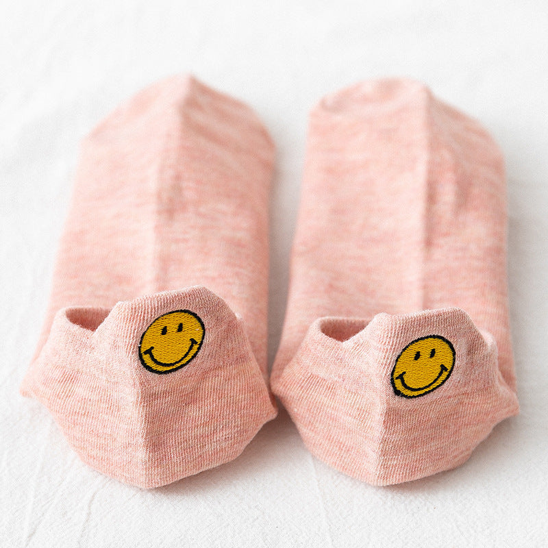 New Asakuchi Boat Socks Women's Pure Cotton Cartoon Embroidered Smiley Face Socks Cute Women's Socks Low Cut Boat Socks