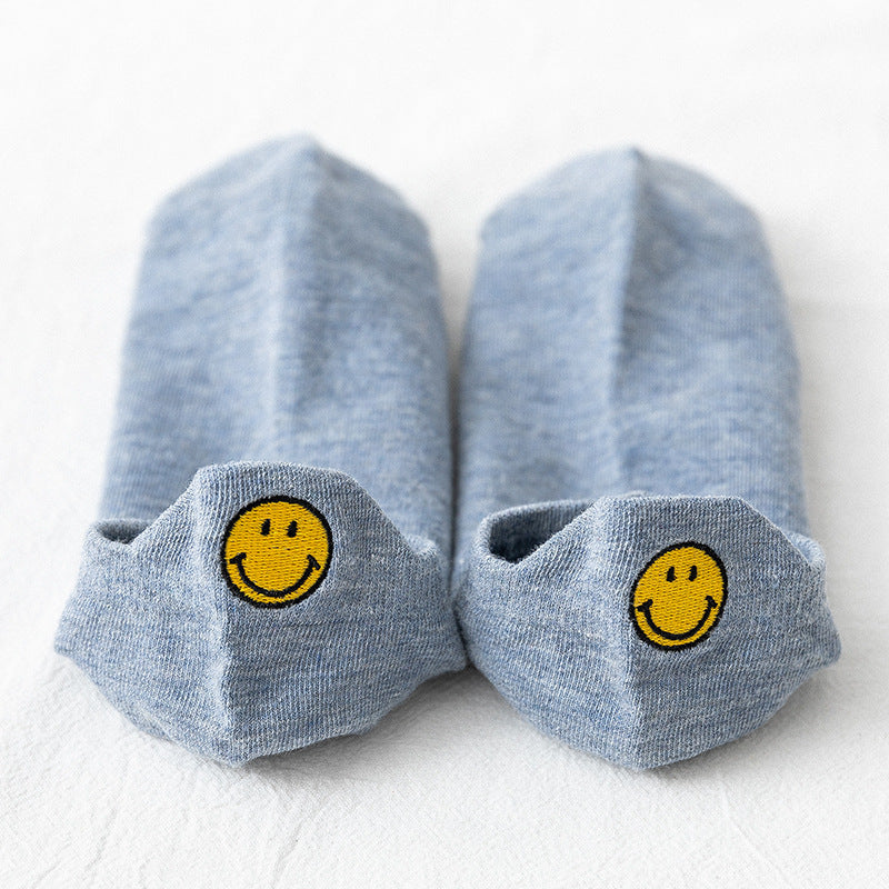 New Asakuchi Boat Socks Women's Pure Cotton Cartoon Embroidered Smiley Face Socks Cute Women's Socks Low Cut Boat Socks