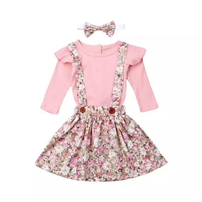 Autumn new girl suit pink pit strip blouse + floral suspender skirt + headscarf 3-piece suit