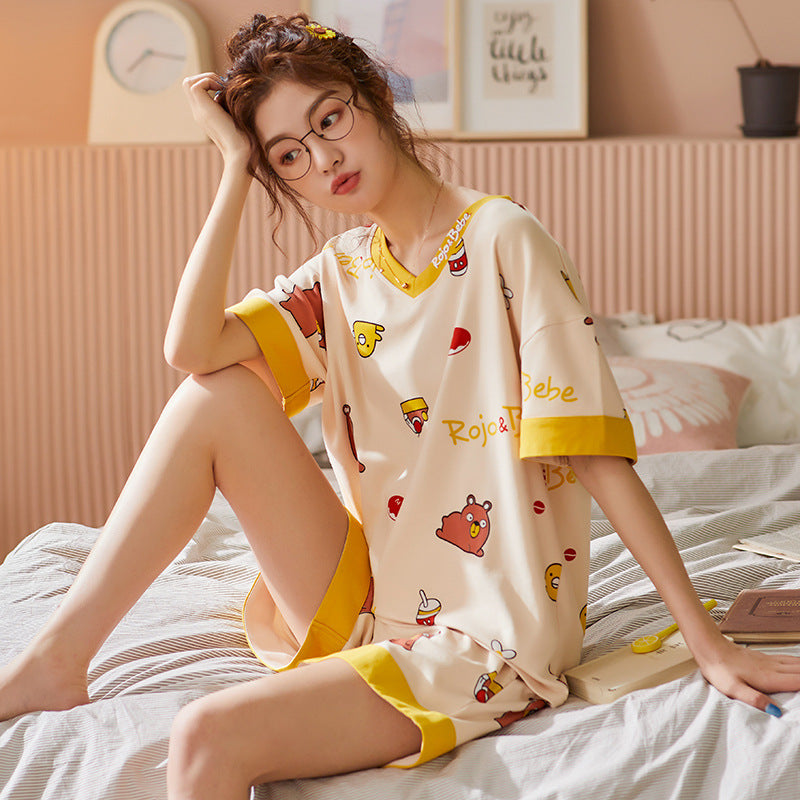 Pajamas women summer thin cotton short-sleeved students cute cartoon summer casual plus size home service suit