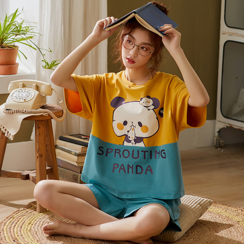 Pajamas women summer thin cotton short-sleeved students cute cartoon summer casual plus size home service suit