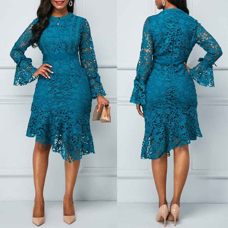 Round Neck Sexy Long Sleeve Lace Crochet Irregular Dress