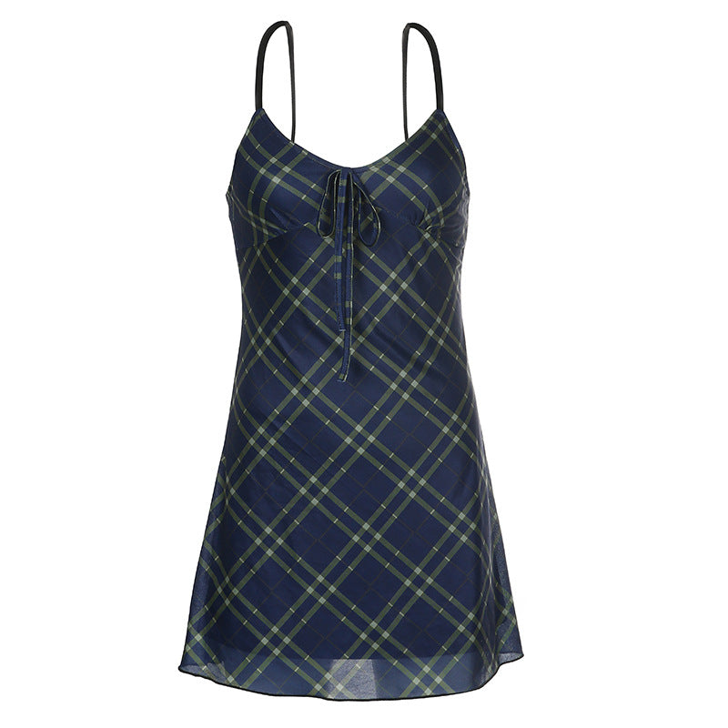 European and American sexy blue lattice mesh V-neck suspender skirt