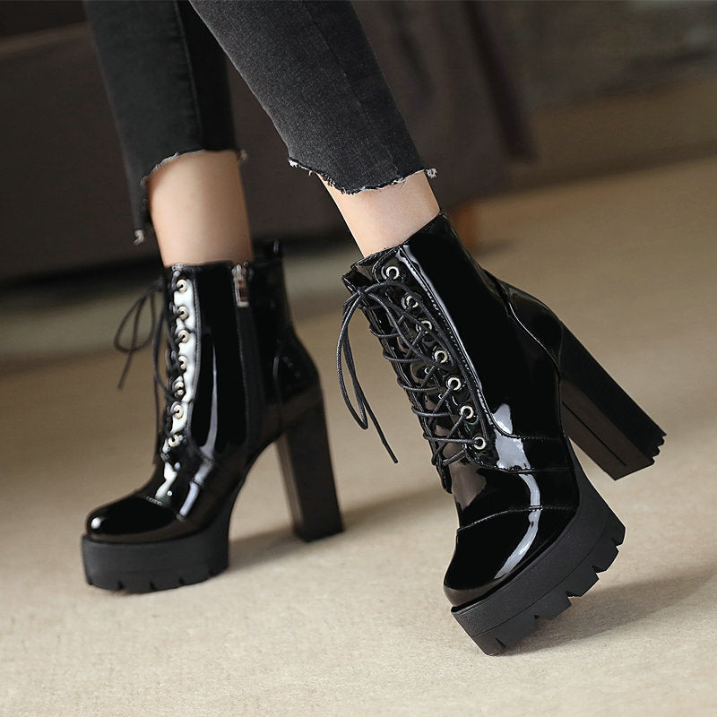 Super high heel ankle boots women's round toe thick heel waterproof platform lace up Martin boots patent leather high heel boots Martin boots