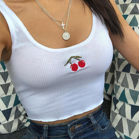 European and American embroidered cherry knitted vest bottoming cropped top