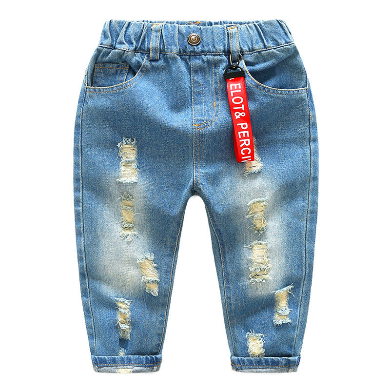 Korean style boys casual trousers, children's ripped pants trend