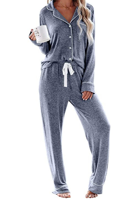 Pure Color Long Sleeve Trousers Lapel Buttons Pajamas Home Service Set