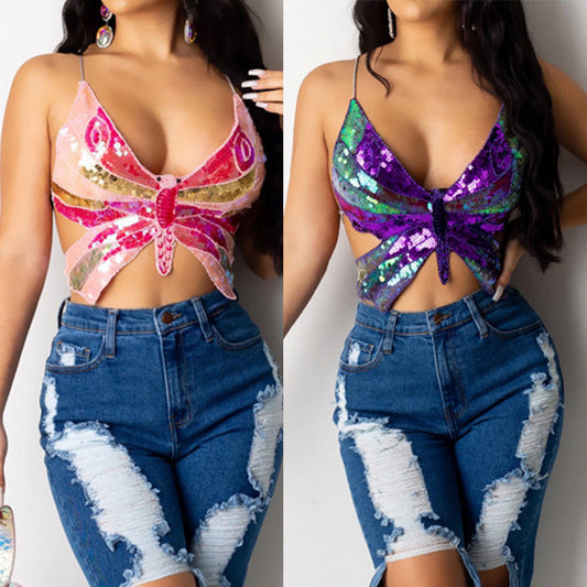 European and American sexy small vest suspenders butterfly sequined top