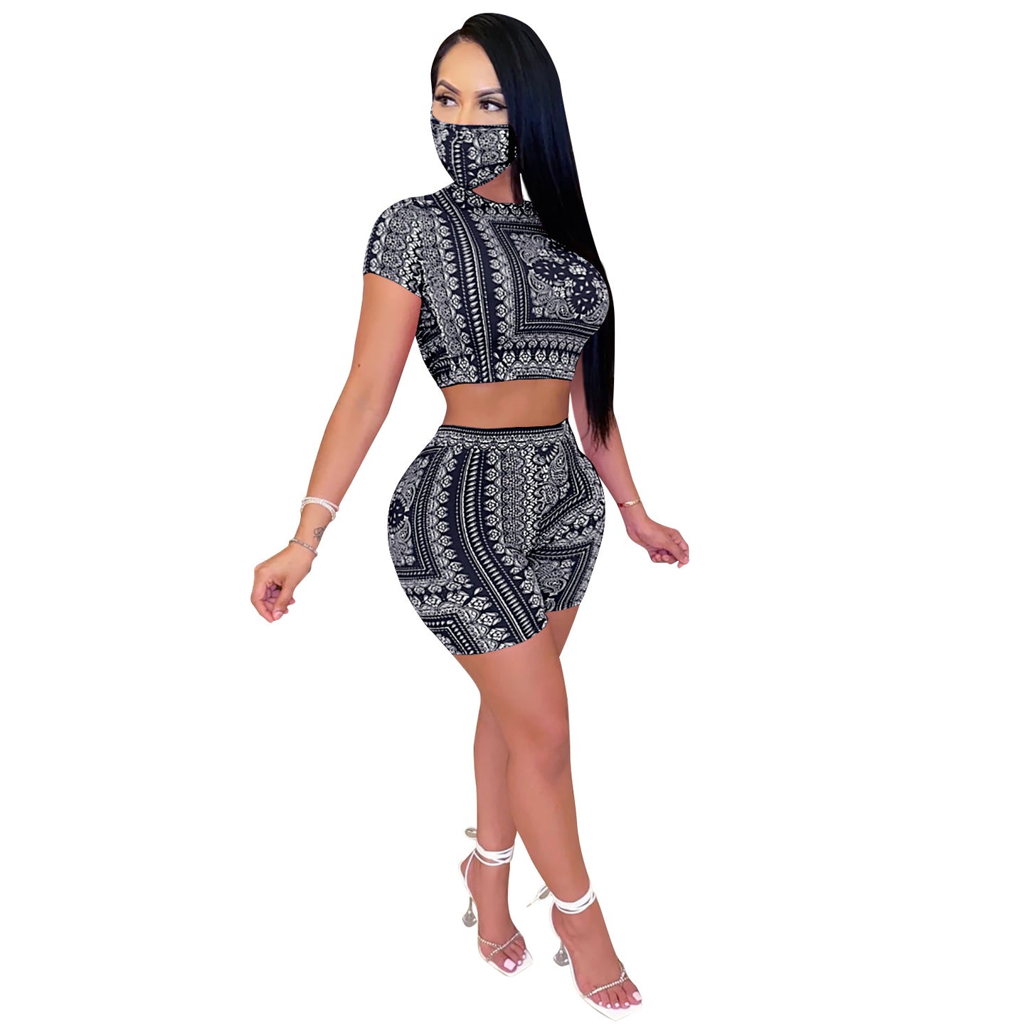 Fashion sexy ladies two-piece suit digital printing with mask