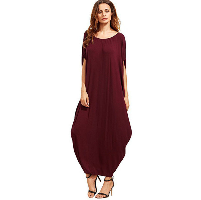 European and American plus size loose dress solid color pleated long skirt