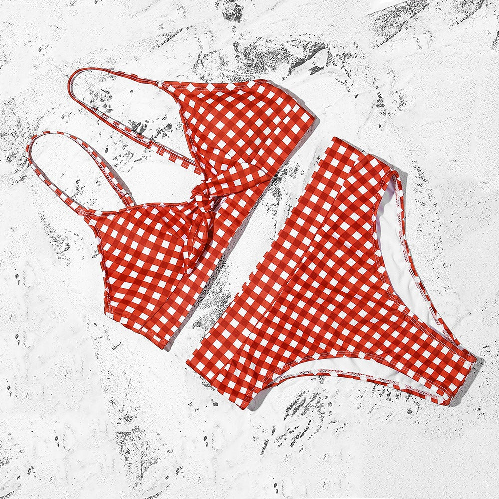 European and American Sexy Digital Print Bow Two-piece Swimsuit sexy plaid high waist bikini bow split swimsuit