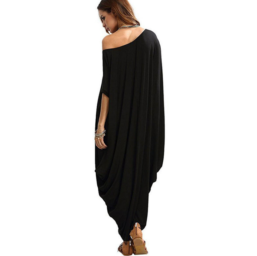 European and American plus size loose dress solid color pleated long skirt