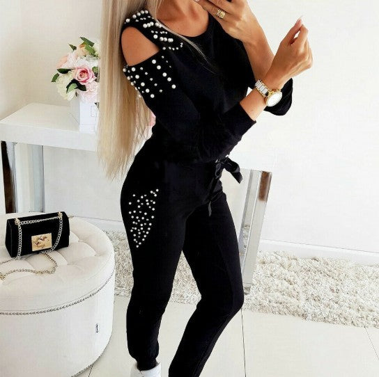 2020Ebay cross-border exclusively for Europe and the United States foreign trade sexy beaded round neck off-the-shoulder long-sleeved casual two-piece suit