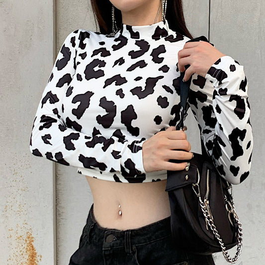 European and American cow print slim bottoming long-sleeved T-shirt top
