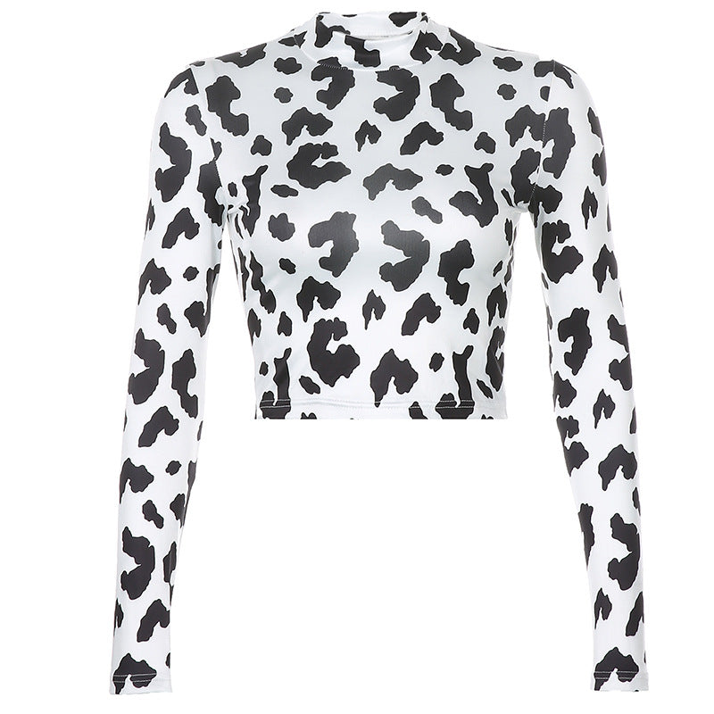 European and American cow print slim bottoming long-sleeved T-shirt top